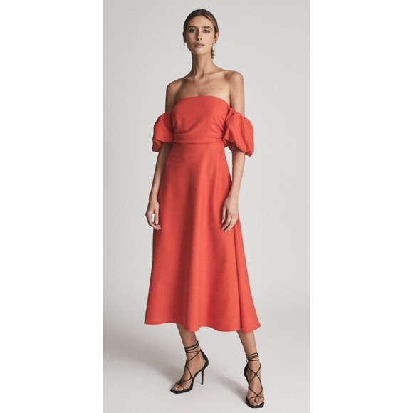 Reiss Shona Puff Sleeve Off-Shoulder Midi Dress Orange Linen Blend Sz 8 Smocked‎